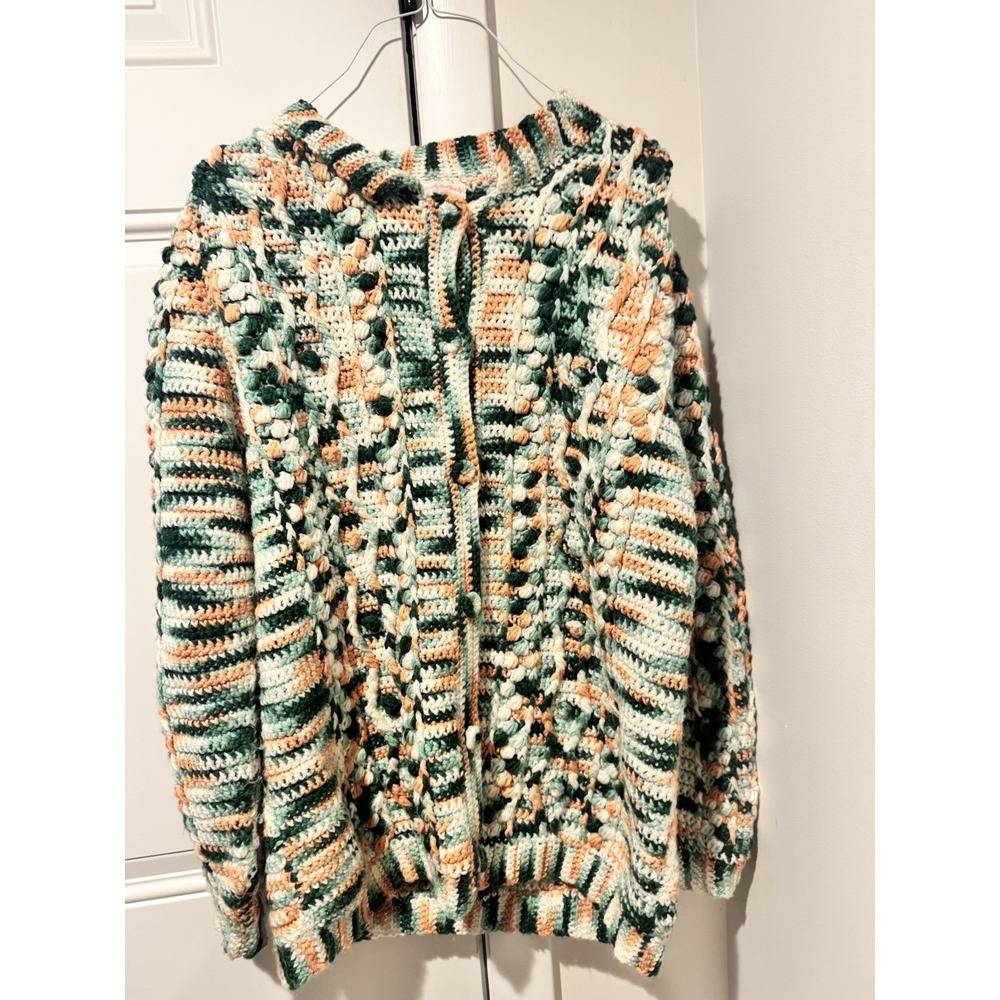 Vintage Handmade Crochet Women's Bobble Stitch Cardigan Sweater Jacket M Green